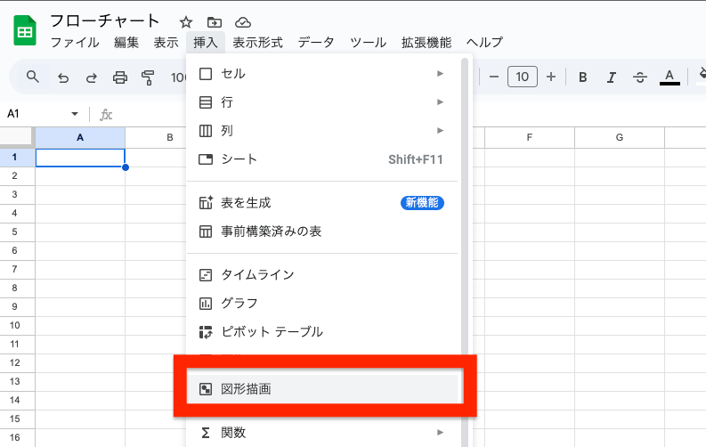 Googleスプレッドシートのメニューから「挿入」→「図形描画」を選択